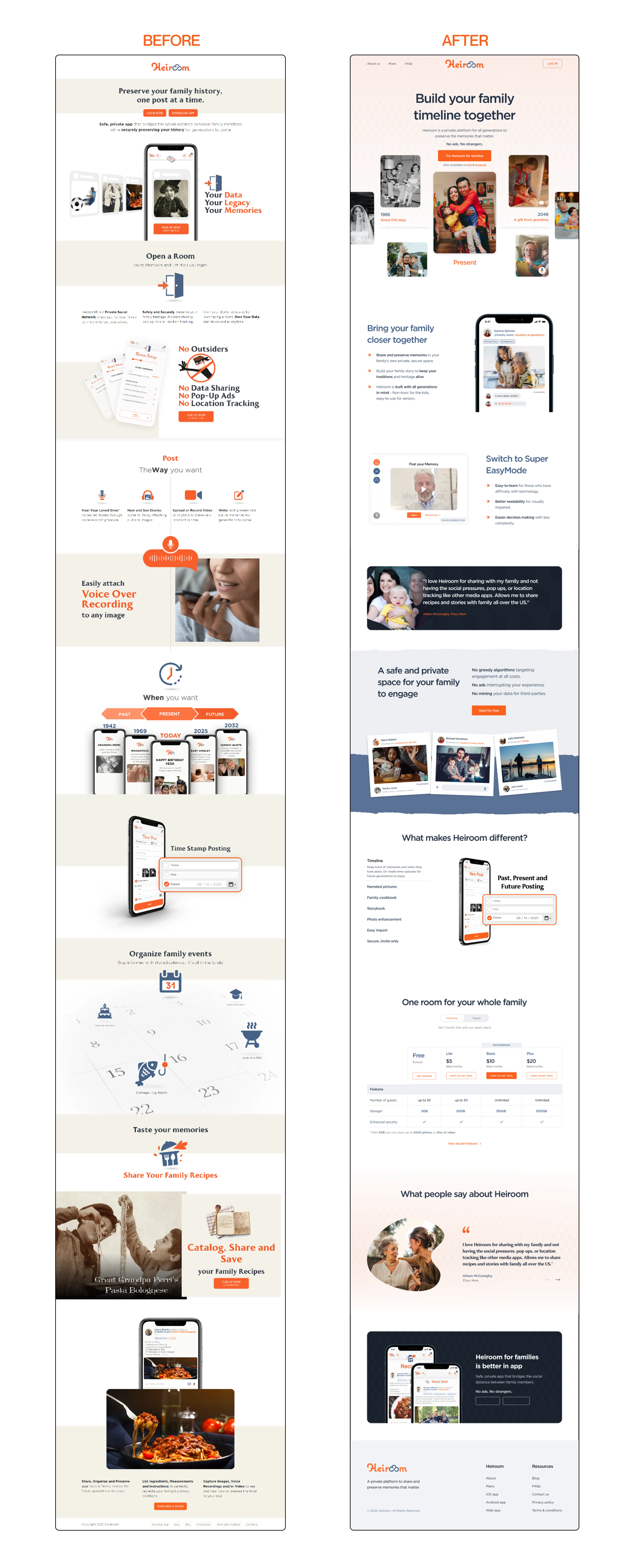 A collage of various user interface designs for the Heiroom, a family-oriented social media platform. The collage showcases features like building a family timeline, providing a safe and private space for family engagement and differentiating factors of the app. The user interface is clean and modern, predominantly white with orange accents and uses images to enhance user engagement.